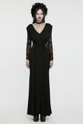 Black V Collar Long Sleeves Stitching Lace Women's Gothic Drawstring Honeymoon Dress